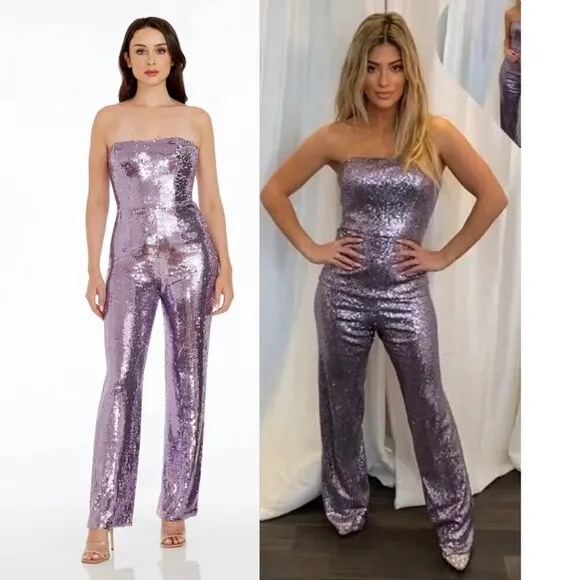 DRESS THE POPULATION Andy Sequin Strapless Jumpsuit in Lavender Multi Size Large - Image 2