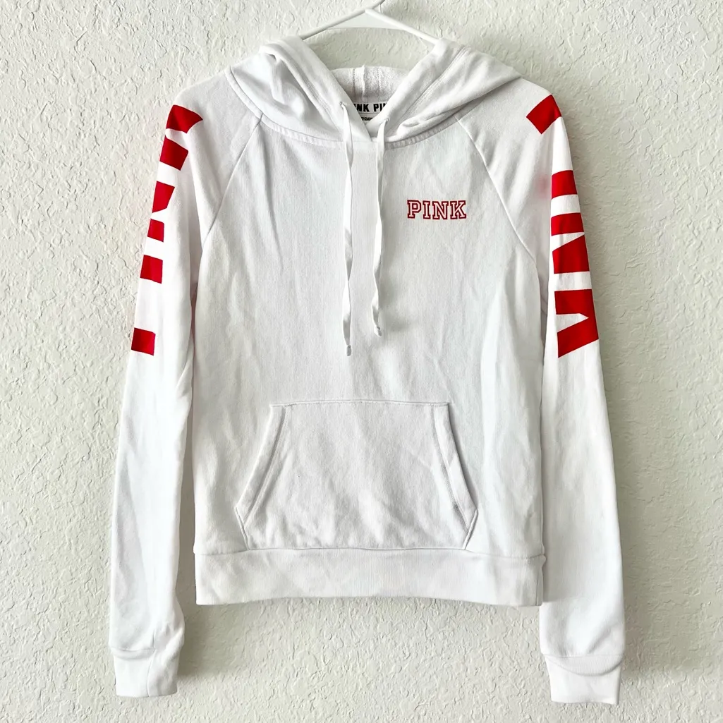 Victoria’s Secret Pink White & Red Logo Pullover Long Sleeve Hoodie Size XS - Image 2