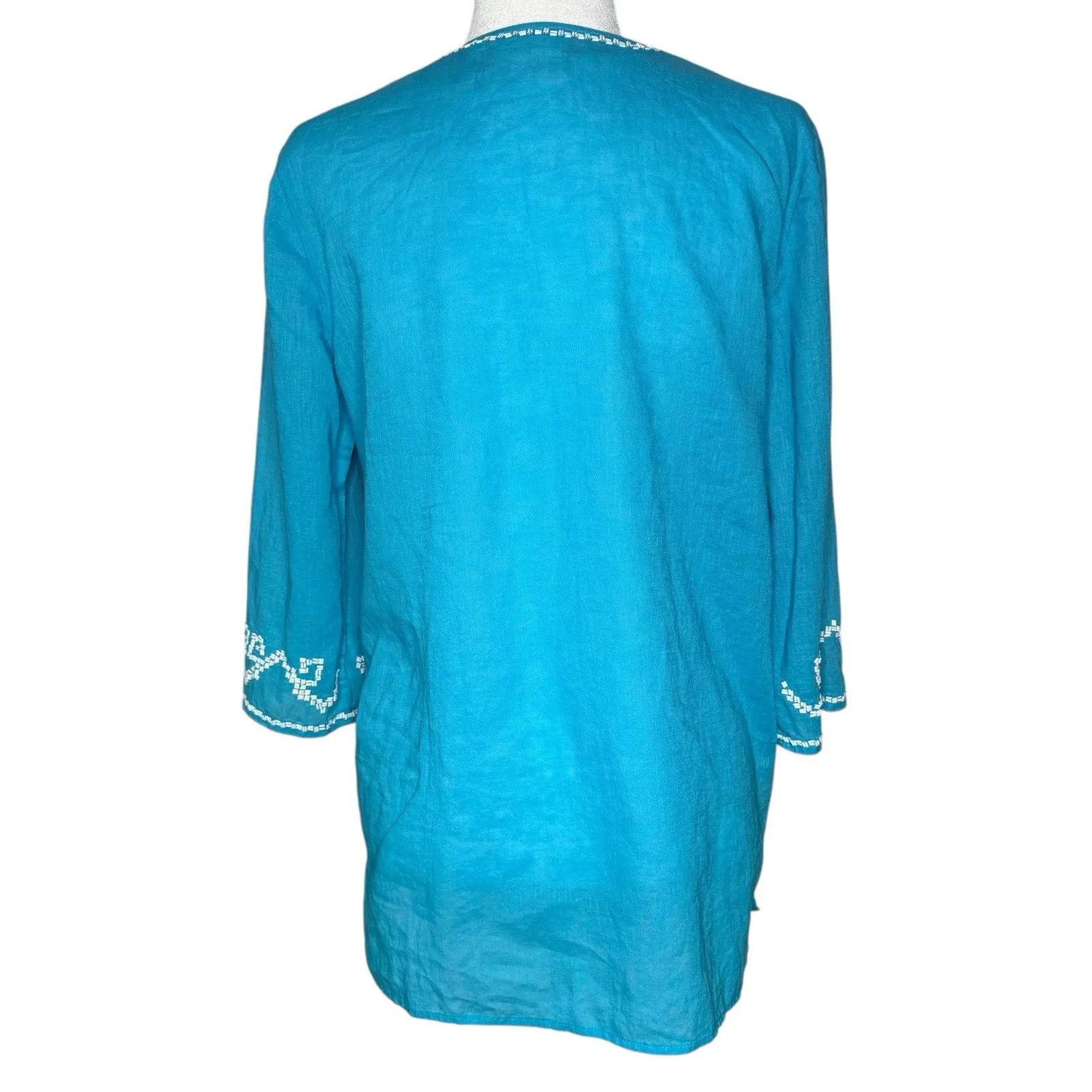 Chicos Small Linen Cotton‎ Tunic Top Beaded Turquoise Shirt Coastal Western - Image 6