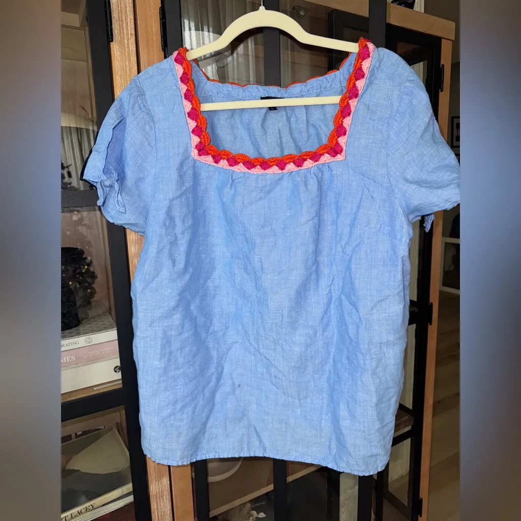 Tabolts crochet linen blouse top trim cross dye colorful bow short sleeve square - Image 2