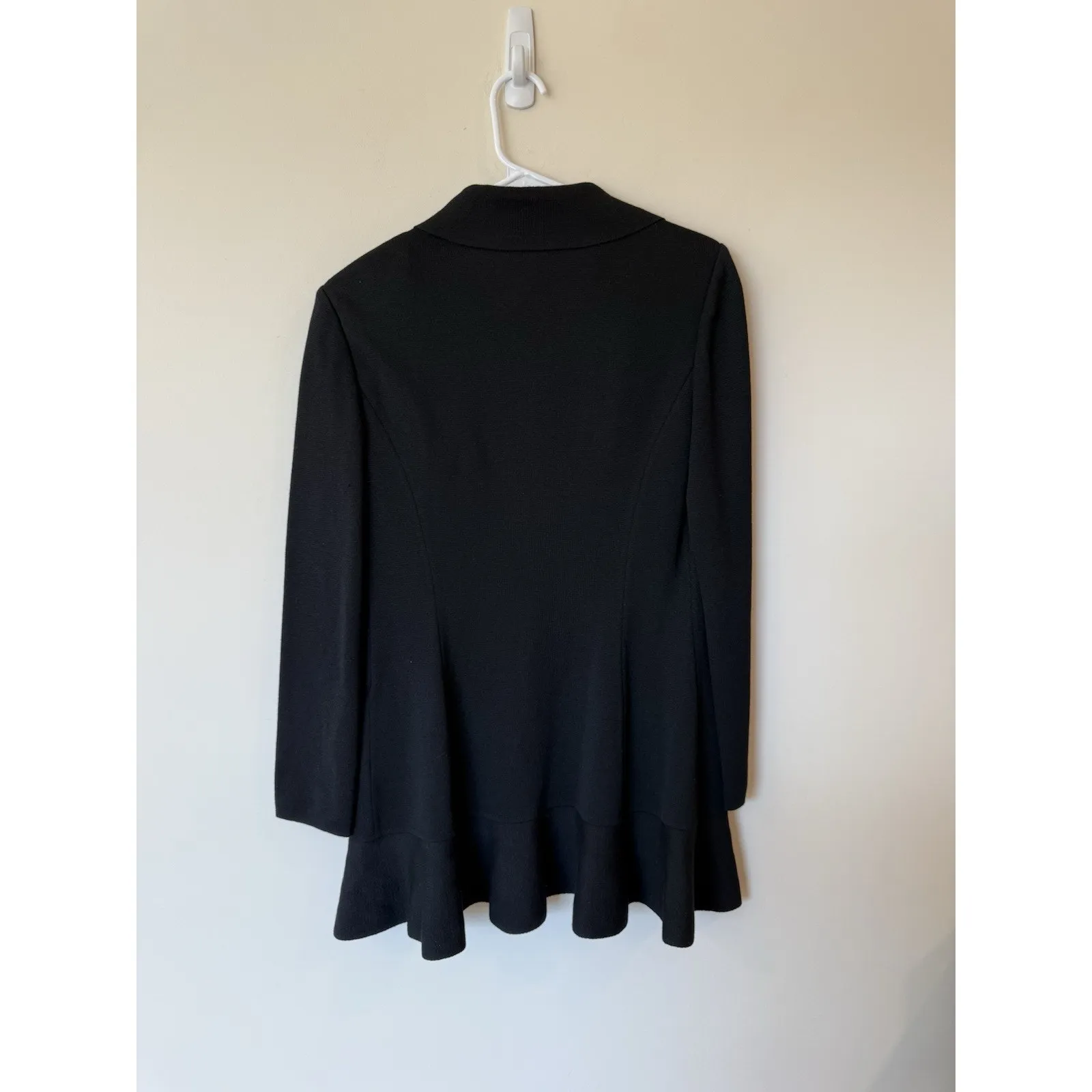 St. John Caviar Cascading Ruffle Open Front Black Knit Sweater Jacket Size 6 - Image 2