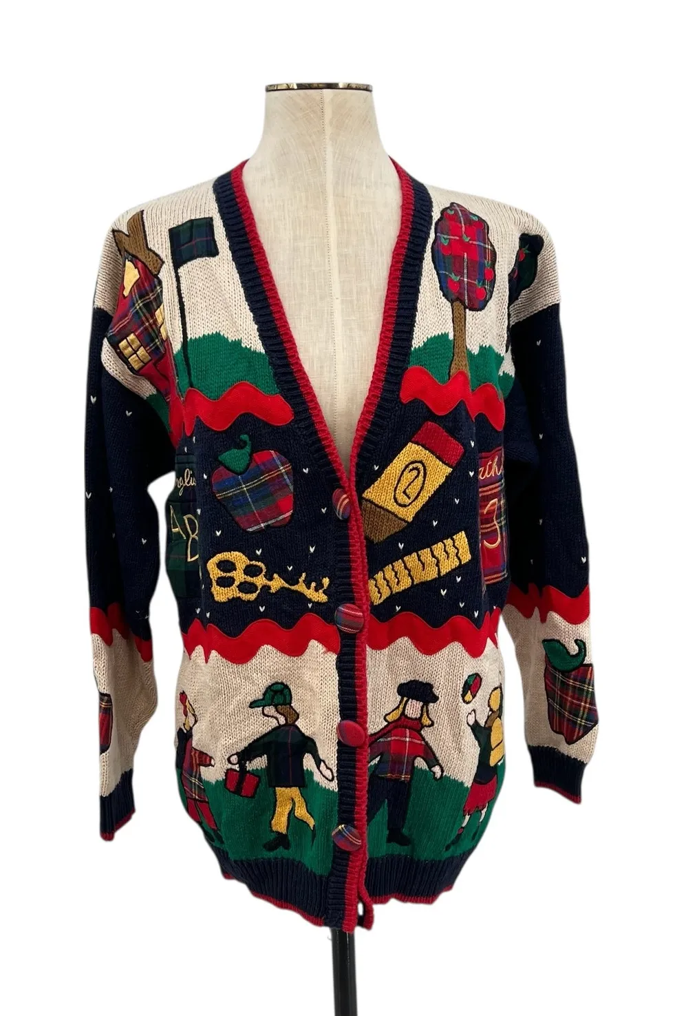 Vintage 90s BellePointe Folk Art Cardigan Sweater Novelty Print Blue Red Medium - Image 1