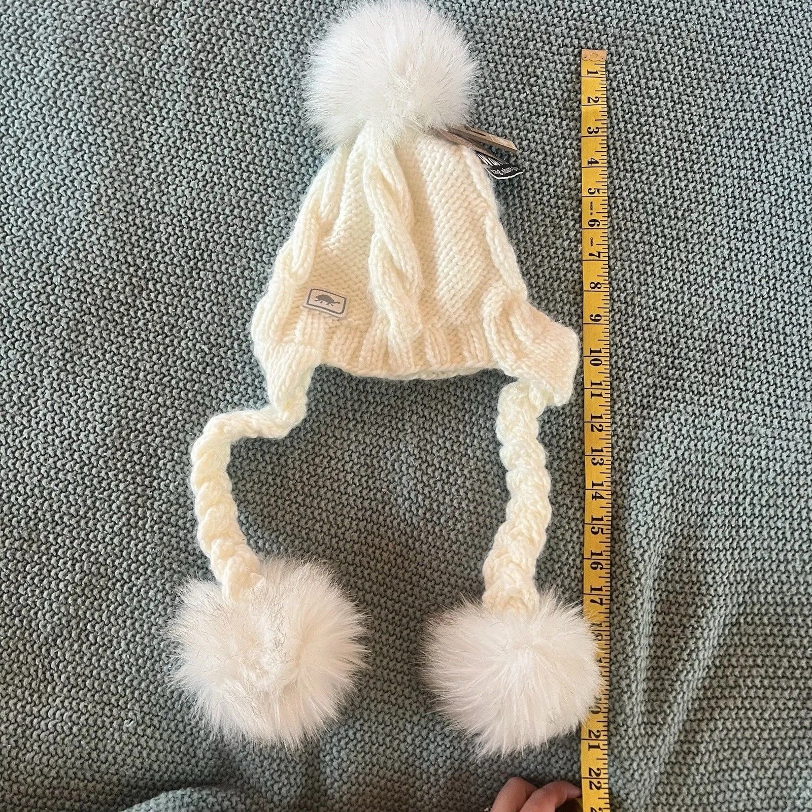 Turtle Fur Ear Flap Pom Pom Beanie Winter Cold Weather Hat Woman’s OS NEW White - Image 2
