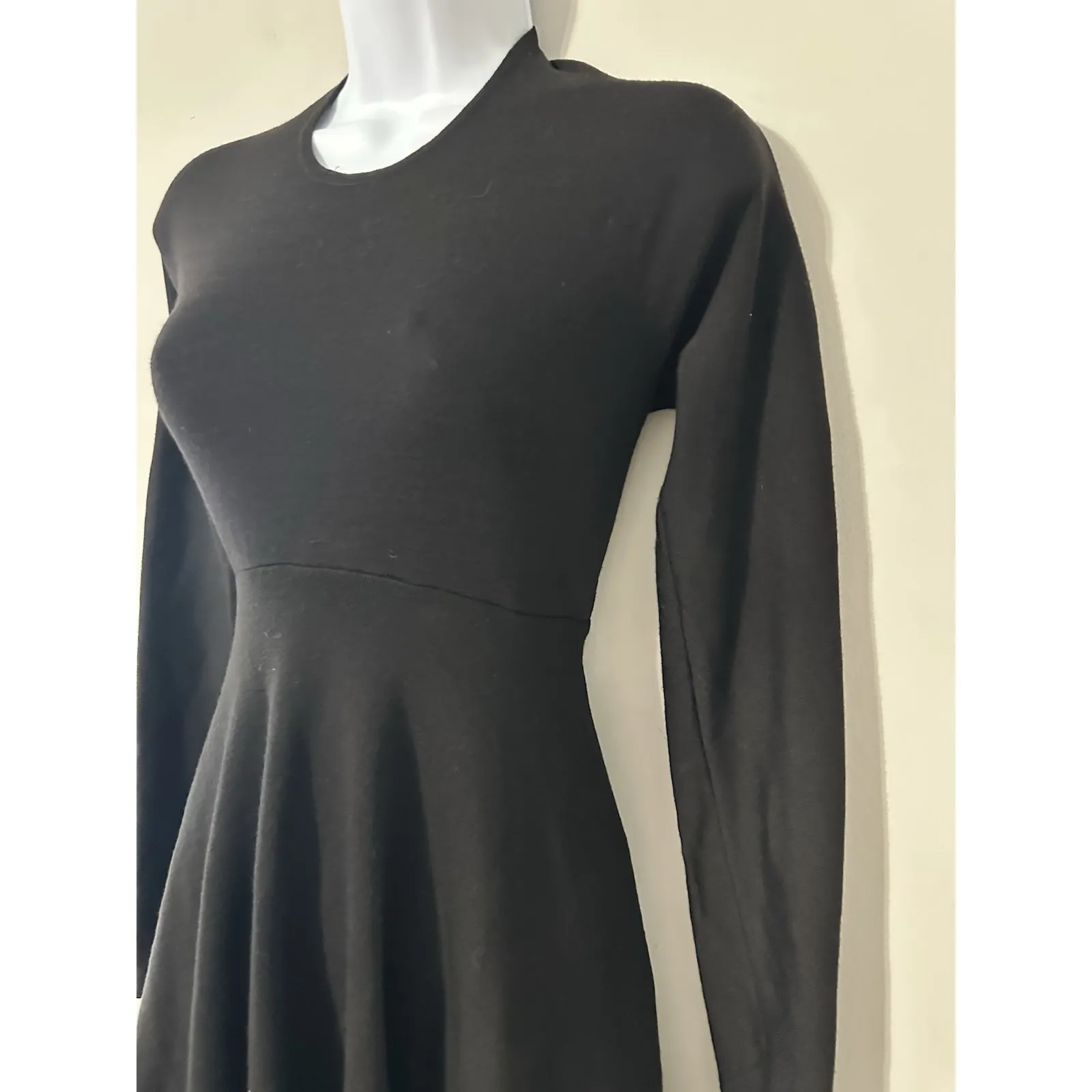 Vtg 80s 90s Donna Karan NY‎ Black Wool Fit Flare Long Sleeve Bodysuit Dress US 8 - Image 2