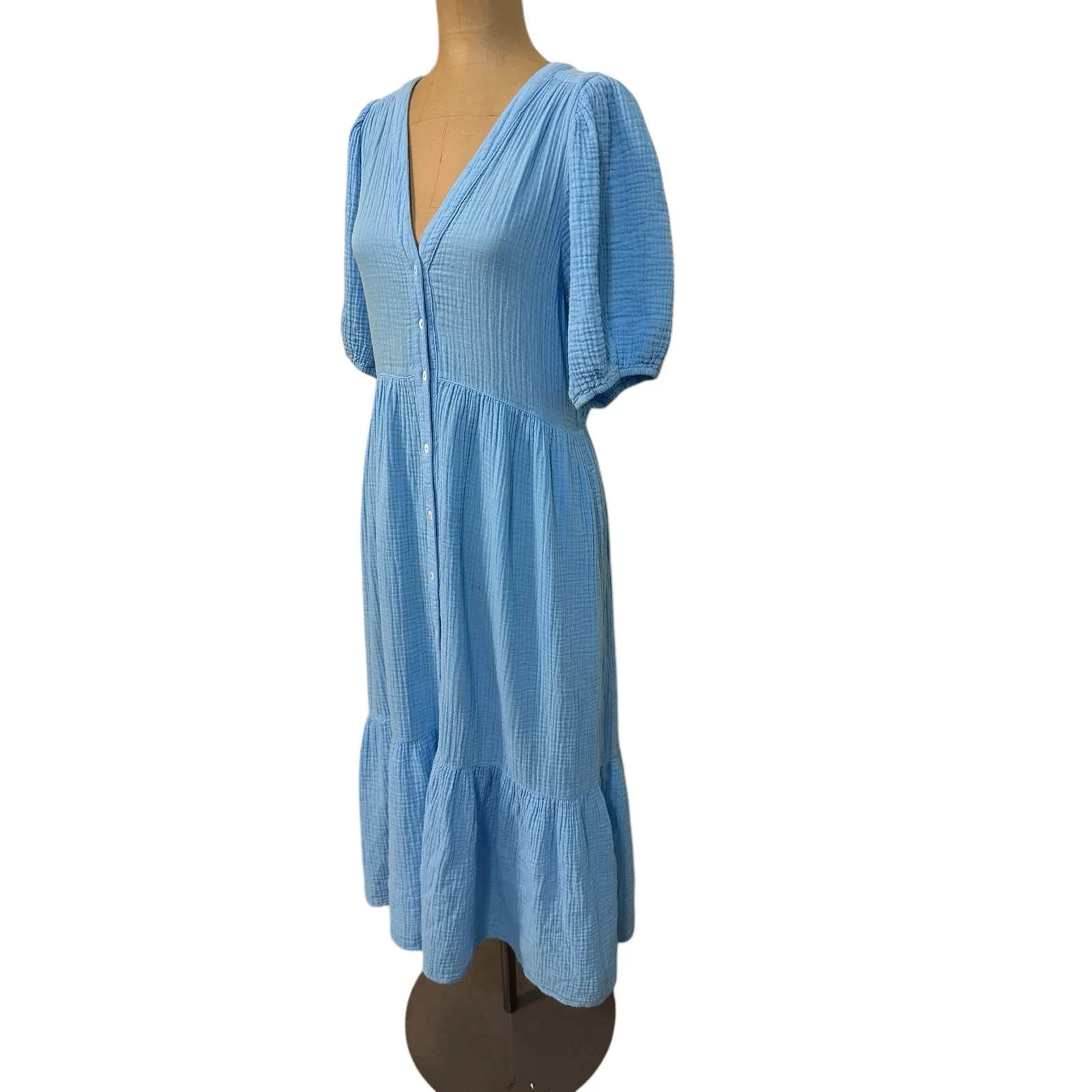 Xirena Midi Dress Lennox Cyprus Blue Cotton Button Front Tier Puff Sleeve Small - Image 6
