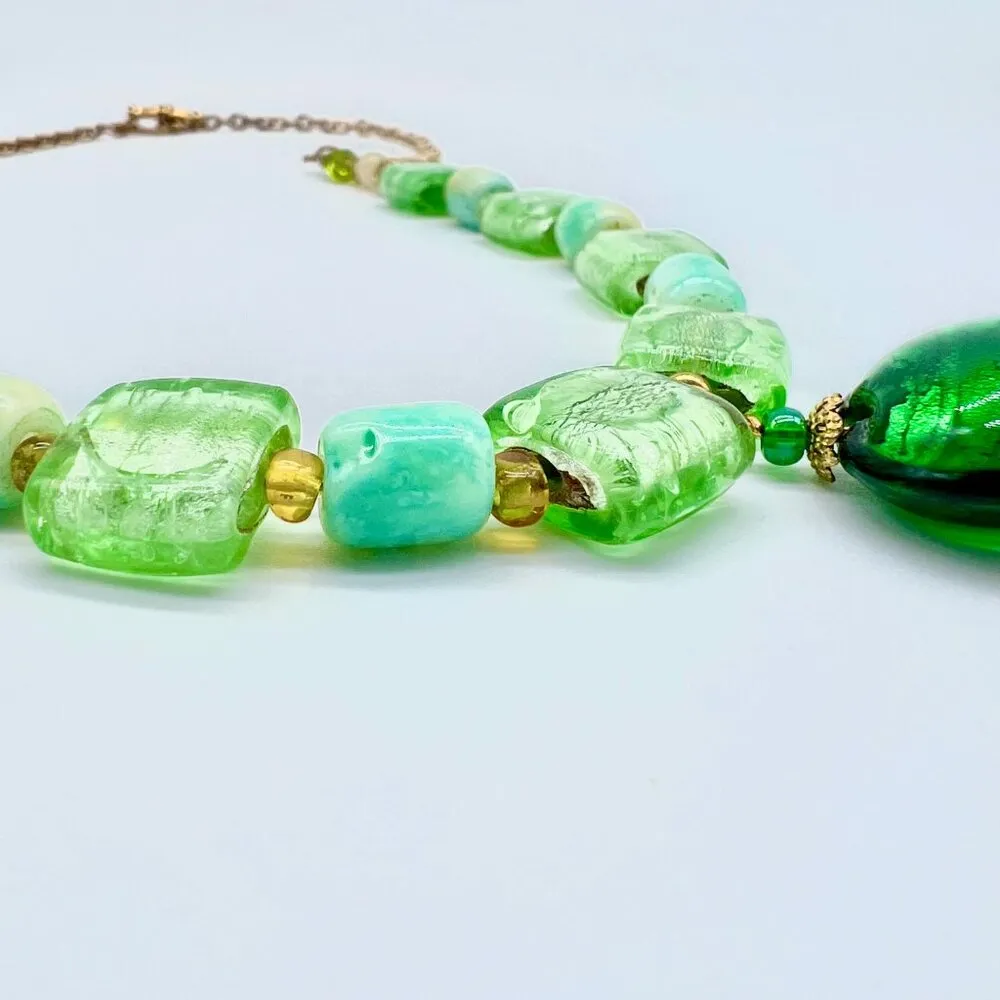 Handmade Green Glass Beaded Necklace Toggle Clasp Statement - Image 10