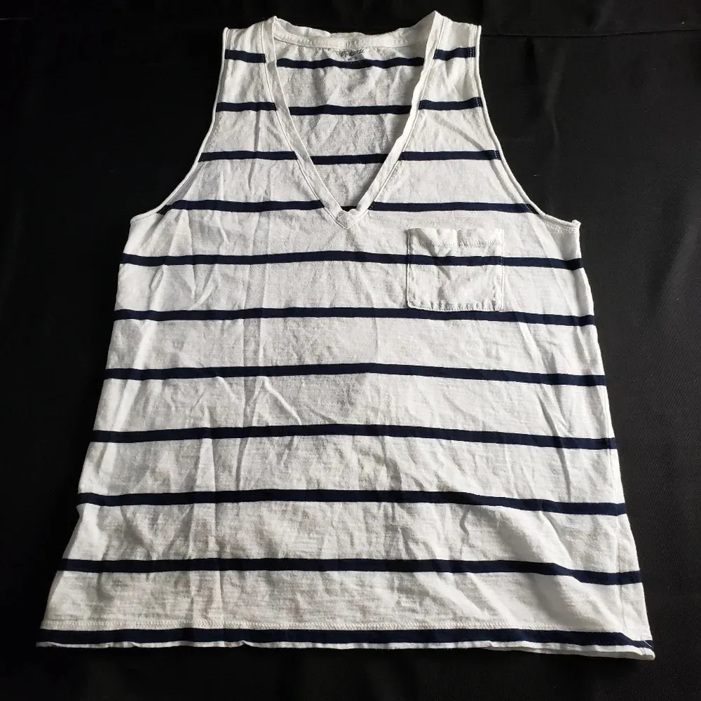 Madewell Whisper Cotton V-Neck Pocket Tank Top Preppy‎ Stripe Bright Ivory Small - Image 2