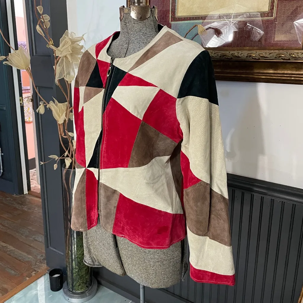 Vntg Karen Arnold Patchwork Leather Jacket Red Cream Colorblock Y2K - Image 5