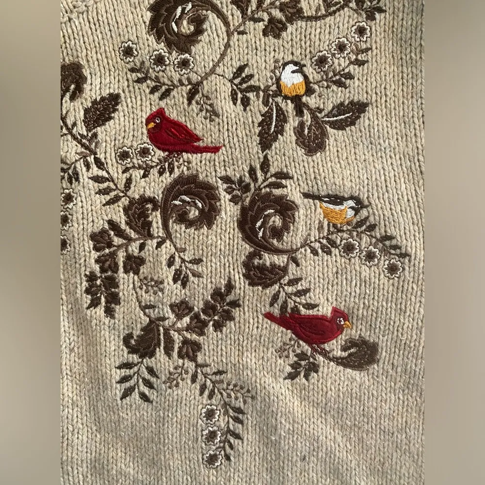 Croft & Barrow Womens Embroidered Bird & Floral Zip Cardigan Sweater L Tan - Image 11