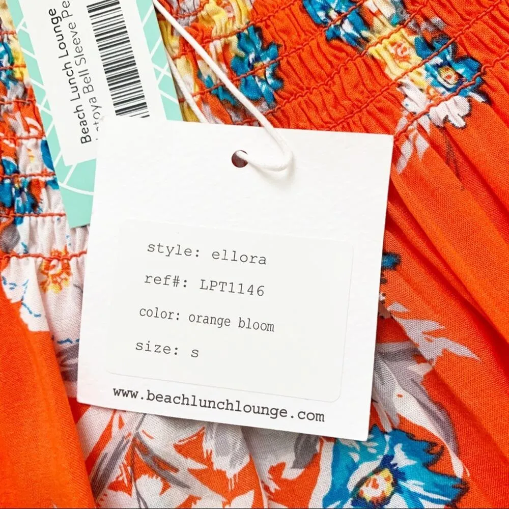 beachlunchlounge Top Latoya Tangerine Floral 3/4 Bell Sleeve Peasant Top Small - Image 11