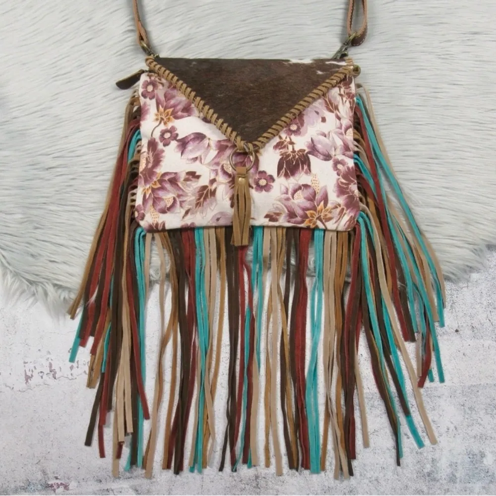 MYRA Altres Small Floral Crossbody Bag Boho Fringe Canvas Hairon Leather Purse Brown - Image 10