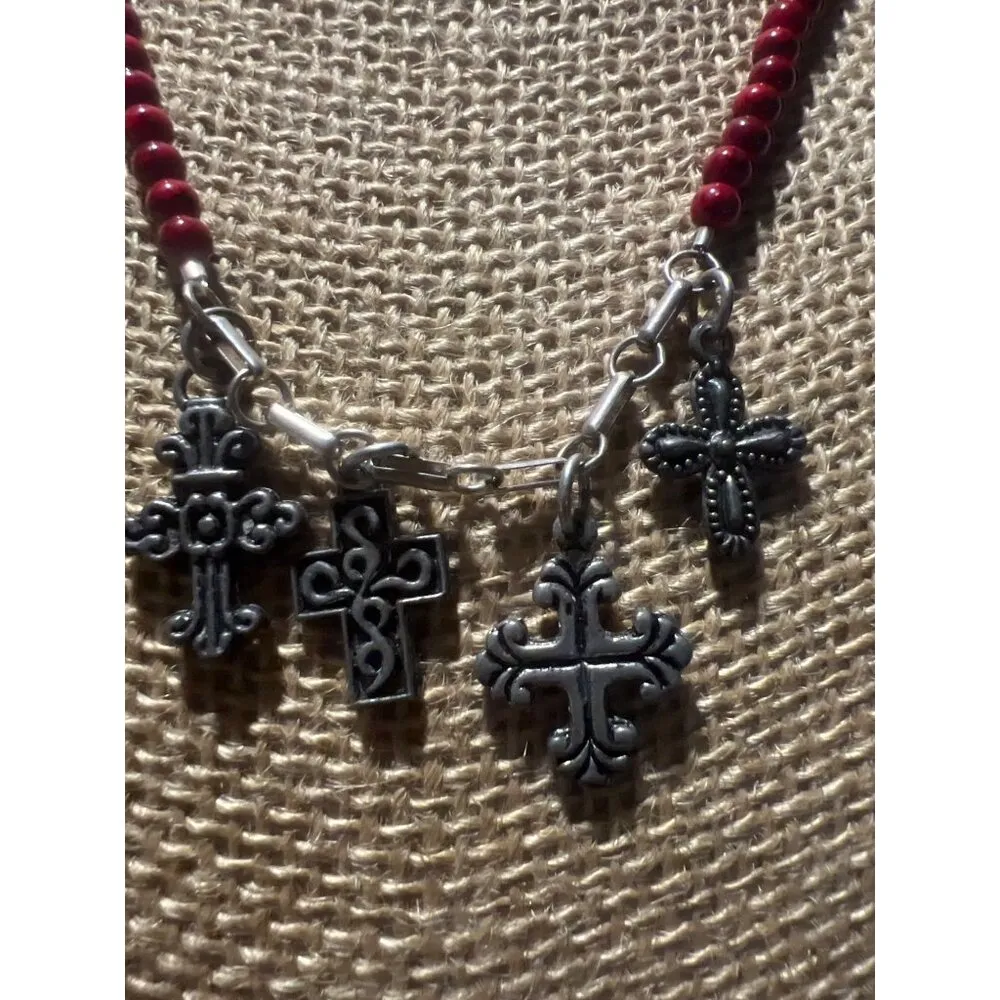 Vintage Red Acrylic Bead Necklace Silver Tone Cross Charms Toggle Clasp 16" - Image 2