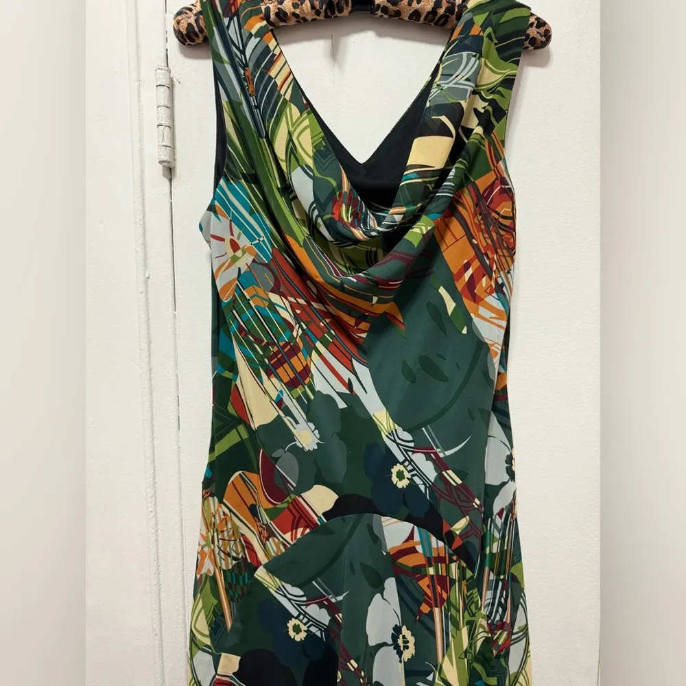 Vintage 90s Signature By Robbie Bee Petite Green Multi Printed Chiffon Dress 12 - Image 6