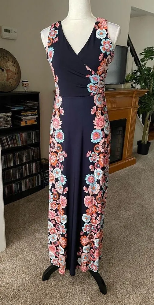 London Times V Neck Floral Print Sleeveless Maxi Dress Size 4P - Image 2