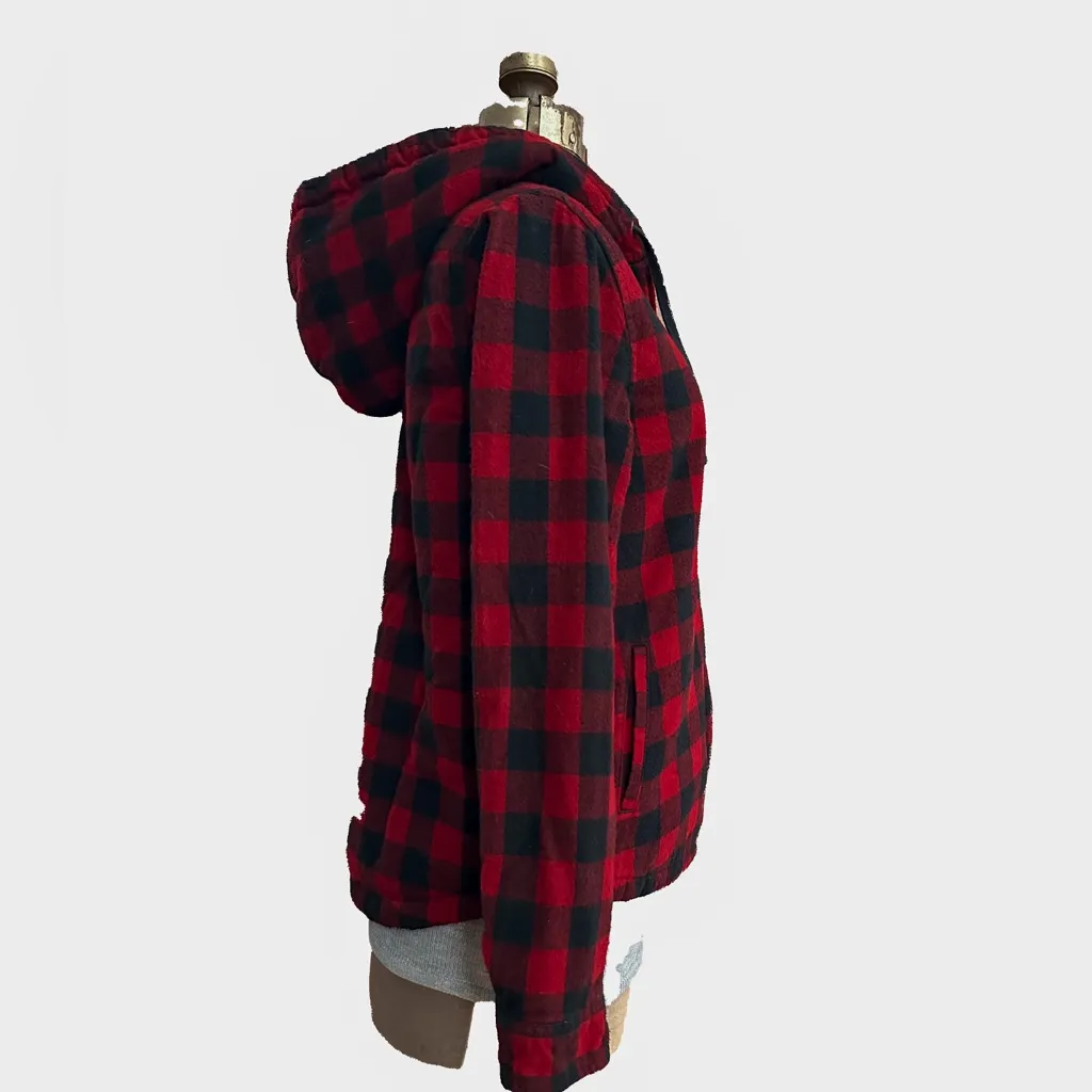 LL Bean Red Black Buffalo Plaid Flannel, Sherpa Lined, Zip Up, Jacket With Hood - Image 2