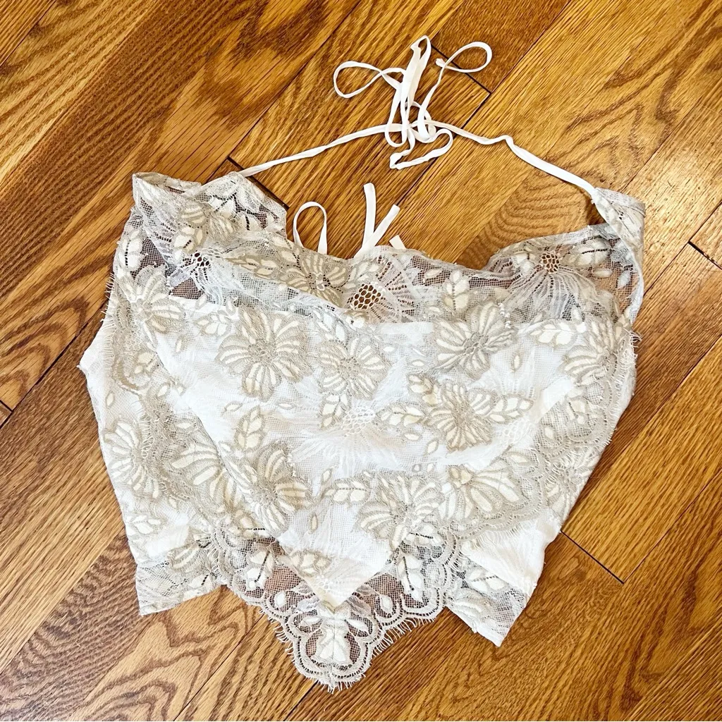 Free People Zoya Lace Tank White/Gray Cropped Tie Back Halter Neck Size Small - Image 3