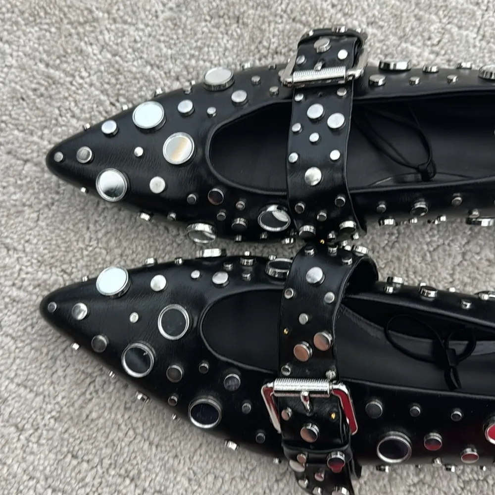 NWOT Zara mirrored dot studded pointy toe ballet flat buckle Mary Jane black - Image 8
