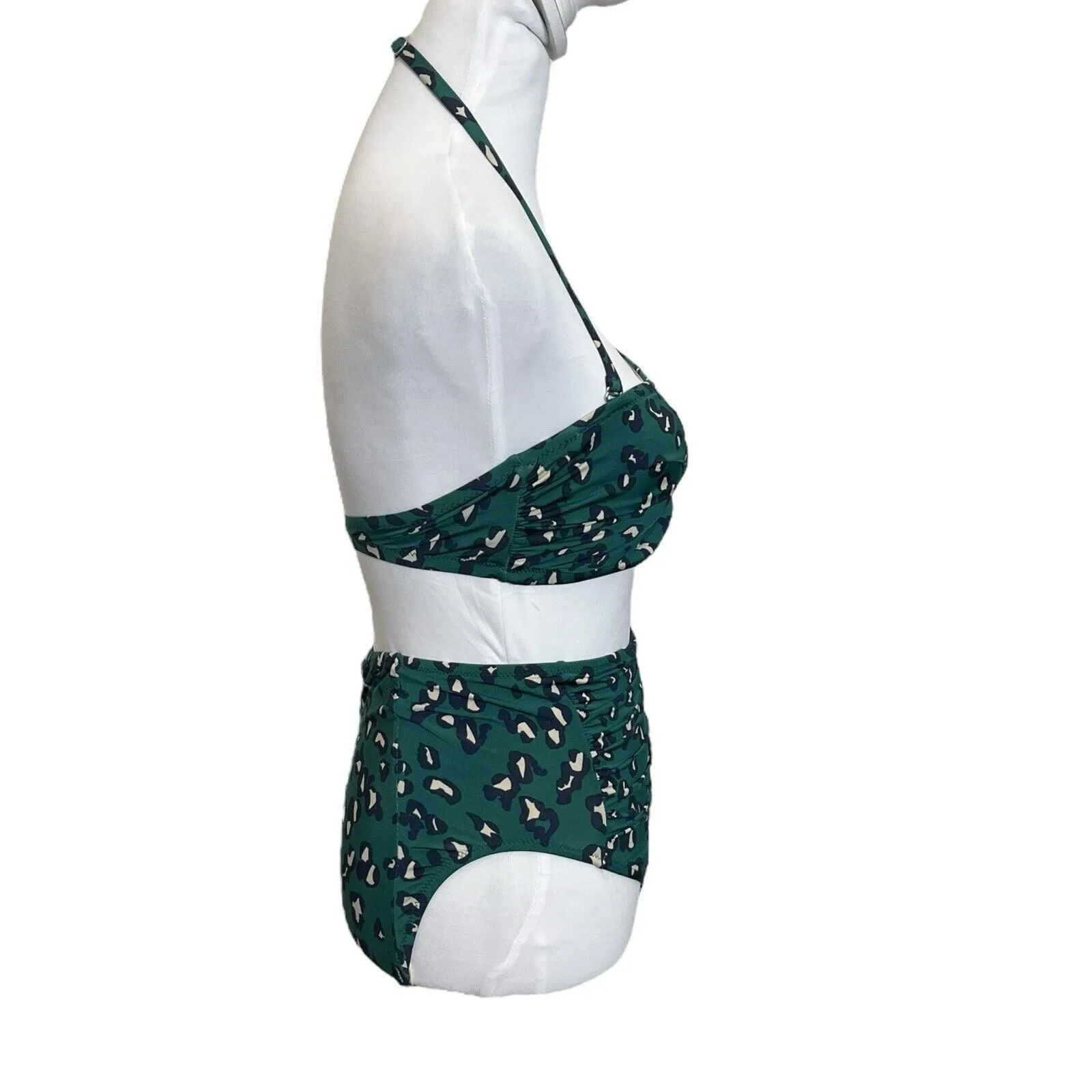 Garnet Hill NWT Bikini Set Women’s 2 Green Leopard High Waist Ruched Wired Top - Image 3