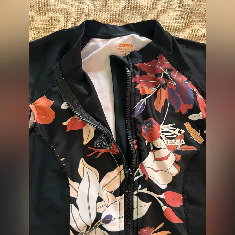 Black Mauve Crm Floral One Piece Swimsuit zip front full coverage summer beach Size 4 - Image 7