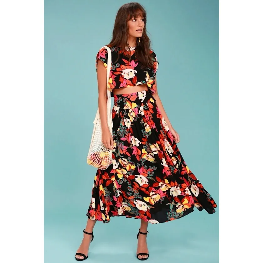 Free People Sundown Black Floral Boho Wrap Midi Skirt Size Small Resortwear - Image 3