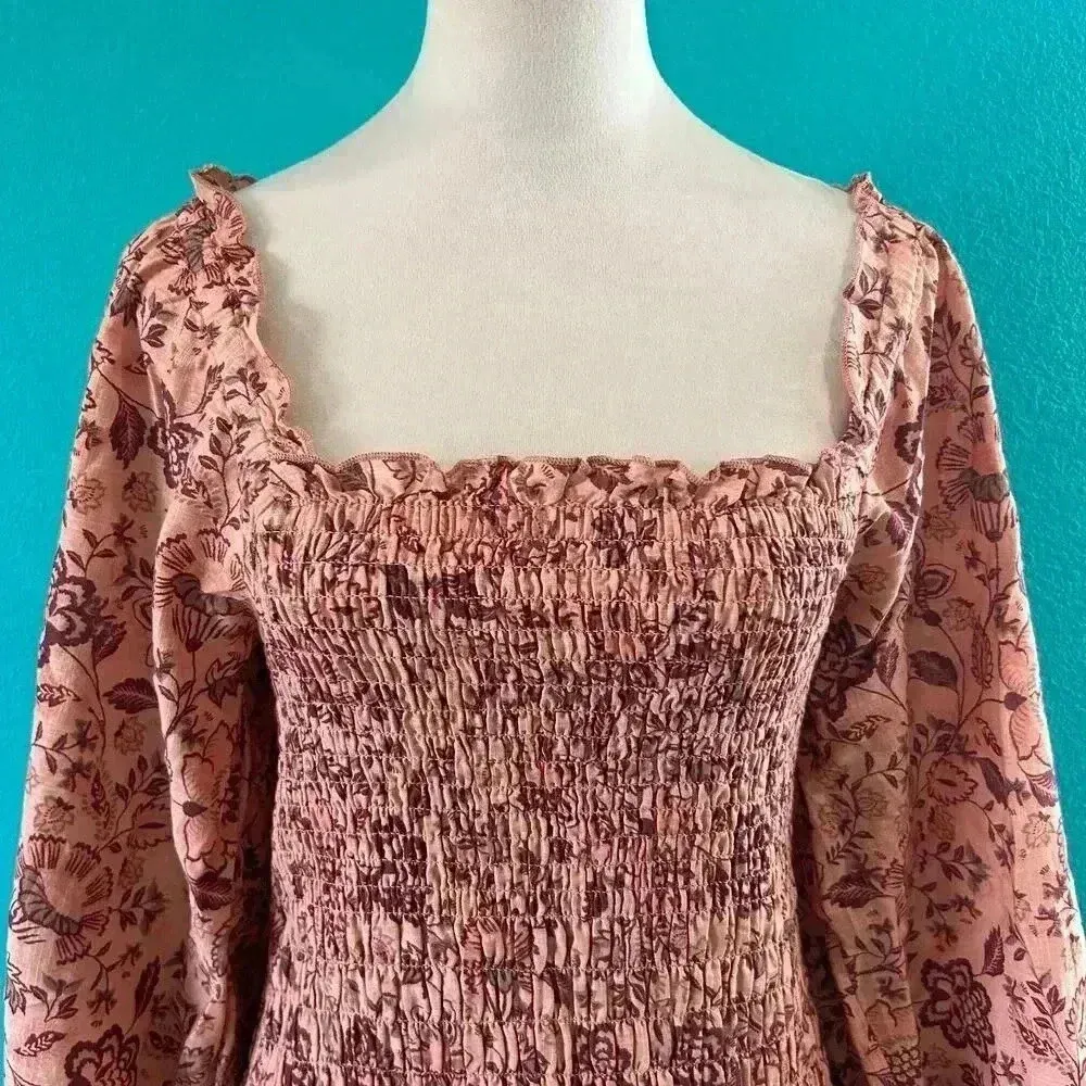 Free People Apricot Combo Floral Smock It To Me Mini Dress Cotton Size M - Image 6