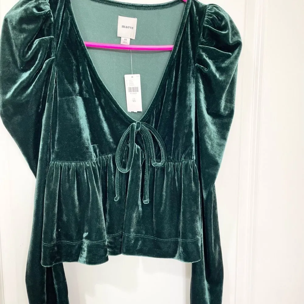 NWT Anthropologie Dark Green Maeve Velvet Babydoll top size XS, - Image 2