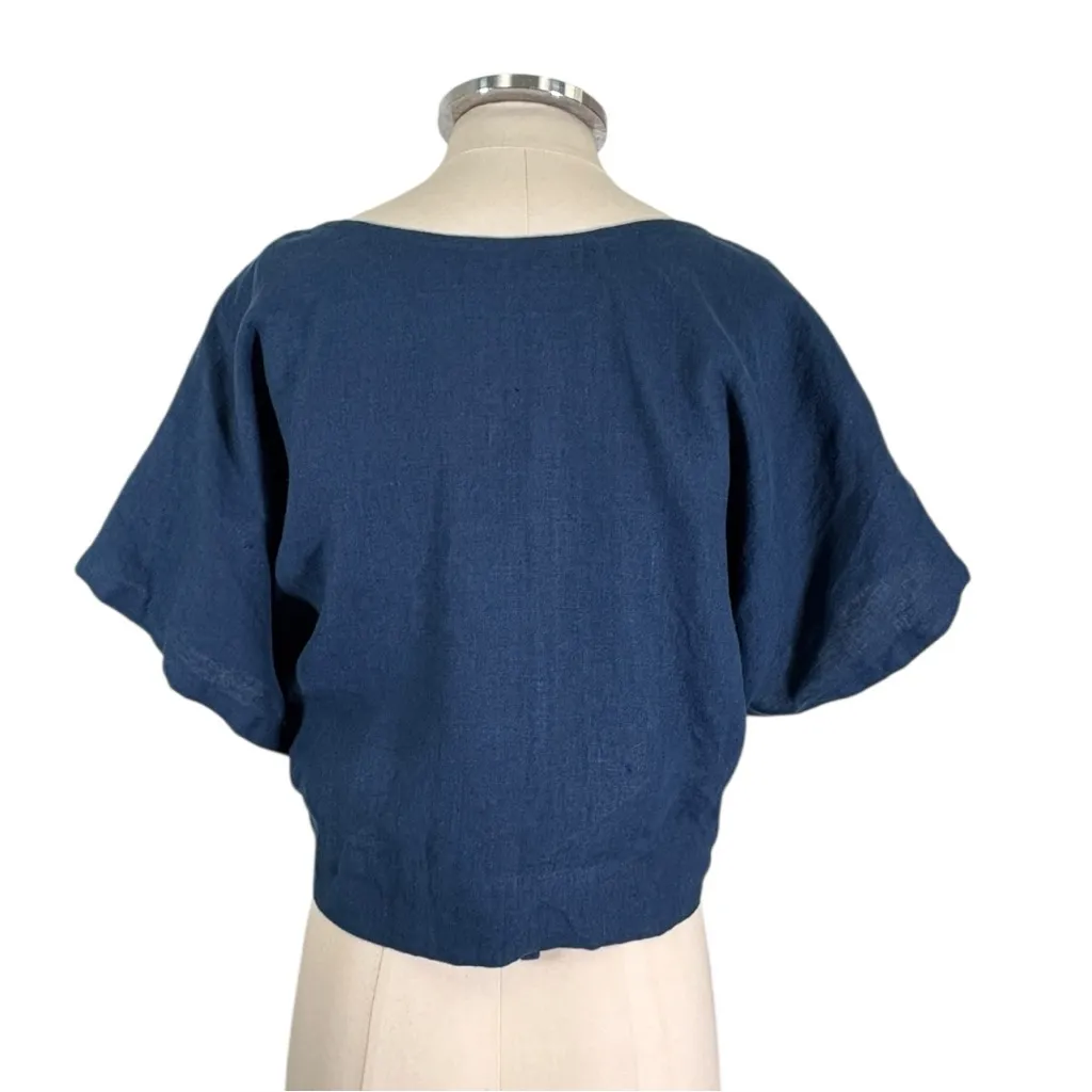 Not Perfect Linen Short Sleeve Wrap Front Top Size M/L Blue - Image 5