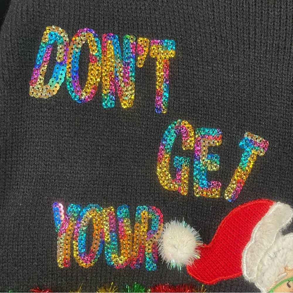 33 Degrees Size Medium Funny Santa Ugly Christmas Sweater Embroidered Sequin Black - Image 9