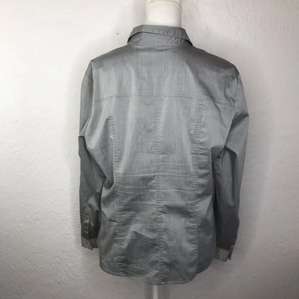 New York & Co. Women Roll Tab Sleeve Collared Button Grey Shirt Blouse XL Petite - Image 3