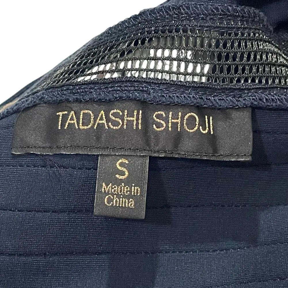 TADASHI SHOJI Pintuck Jersey Cutout Mesh Stripe Short Sleeve Dress - Blue - S - Image 10