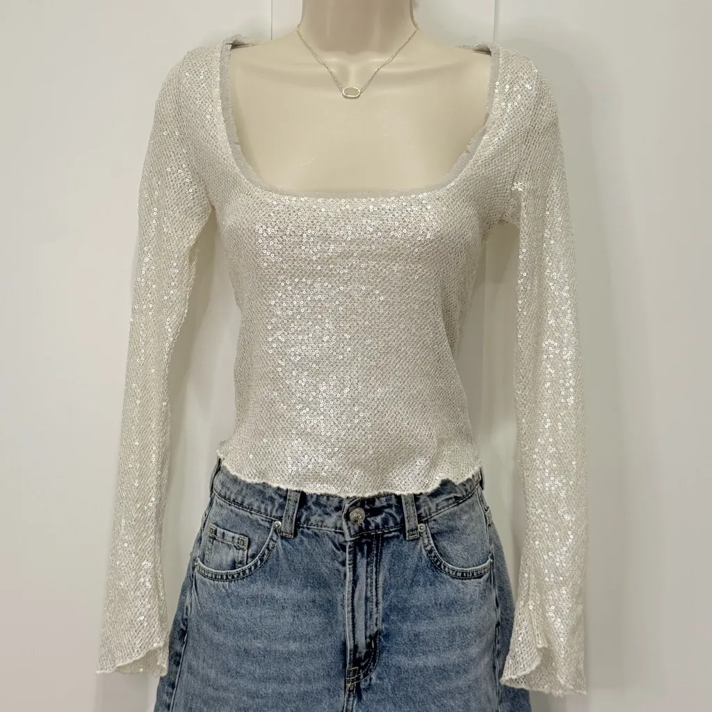 Free People Intimately Late Night Disco Sequin Layering Top Bell Sleeve Small - Image 5