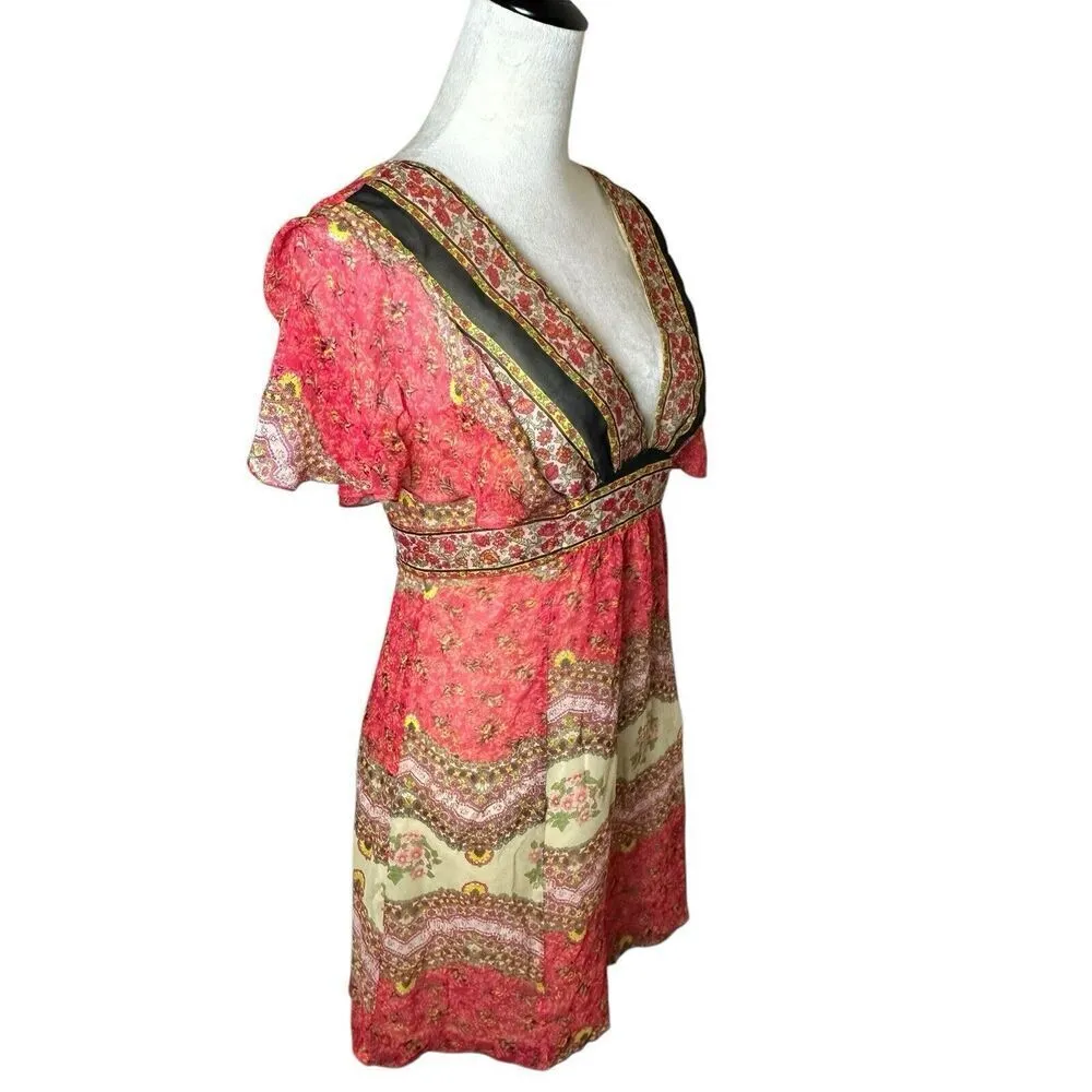 Forever 21 Silk Mini Dress S | Floral Tie Back Empire Plunging V-neck | Y2K Boho - Image 3