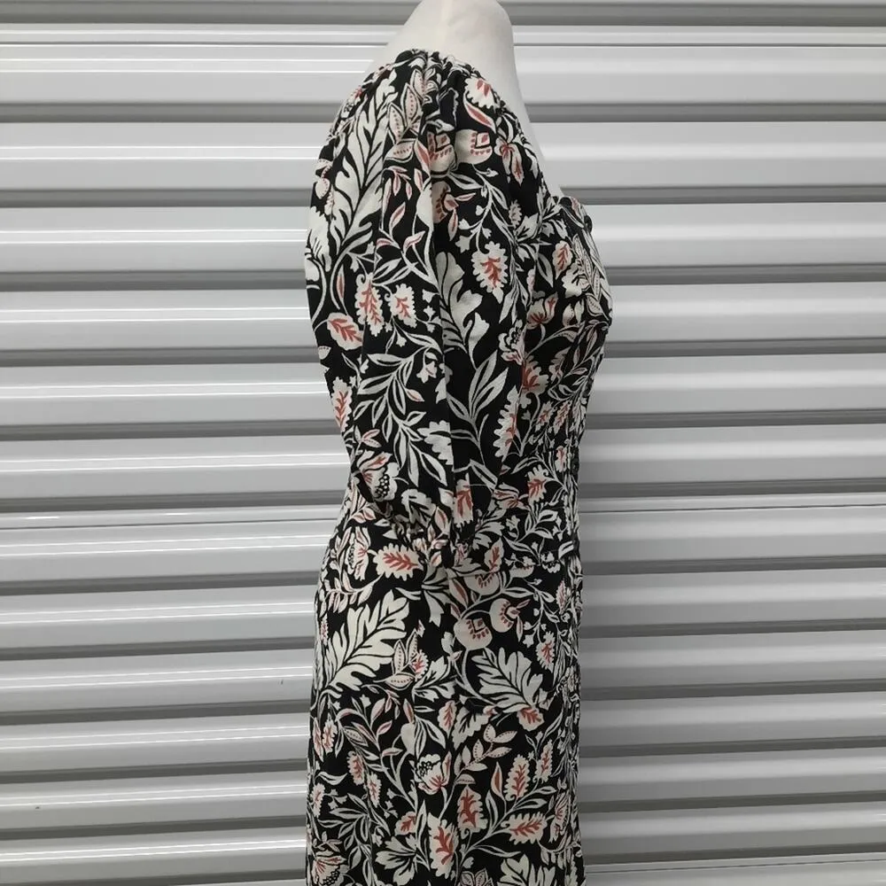 BCBGMAXAZRIA Dress Womens 0 Black White Floral Linen Blend Button Front Midi - Image 7