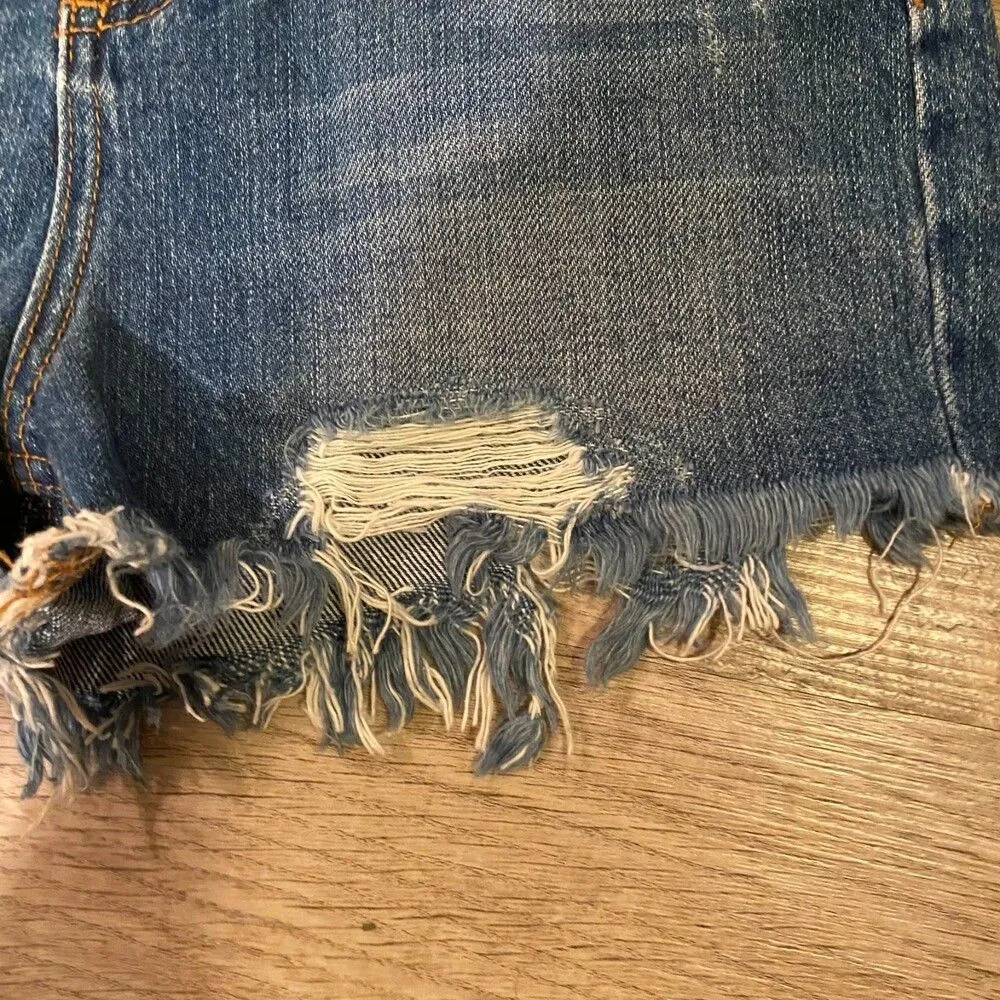 French Connection Size 6 High Waist Embroidered Jean Shorts Frayed Denim Boho‎ - Image 6