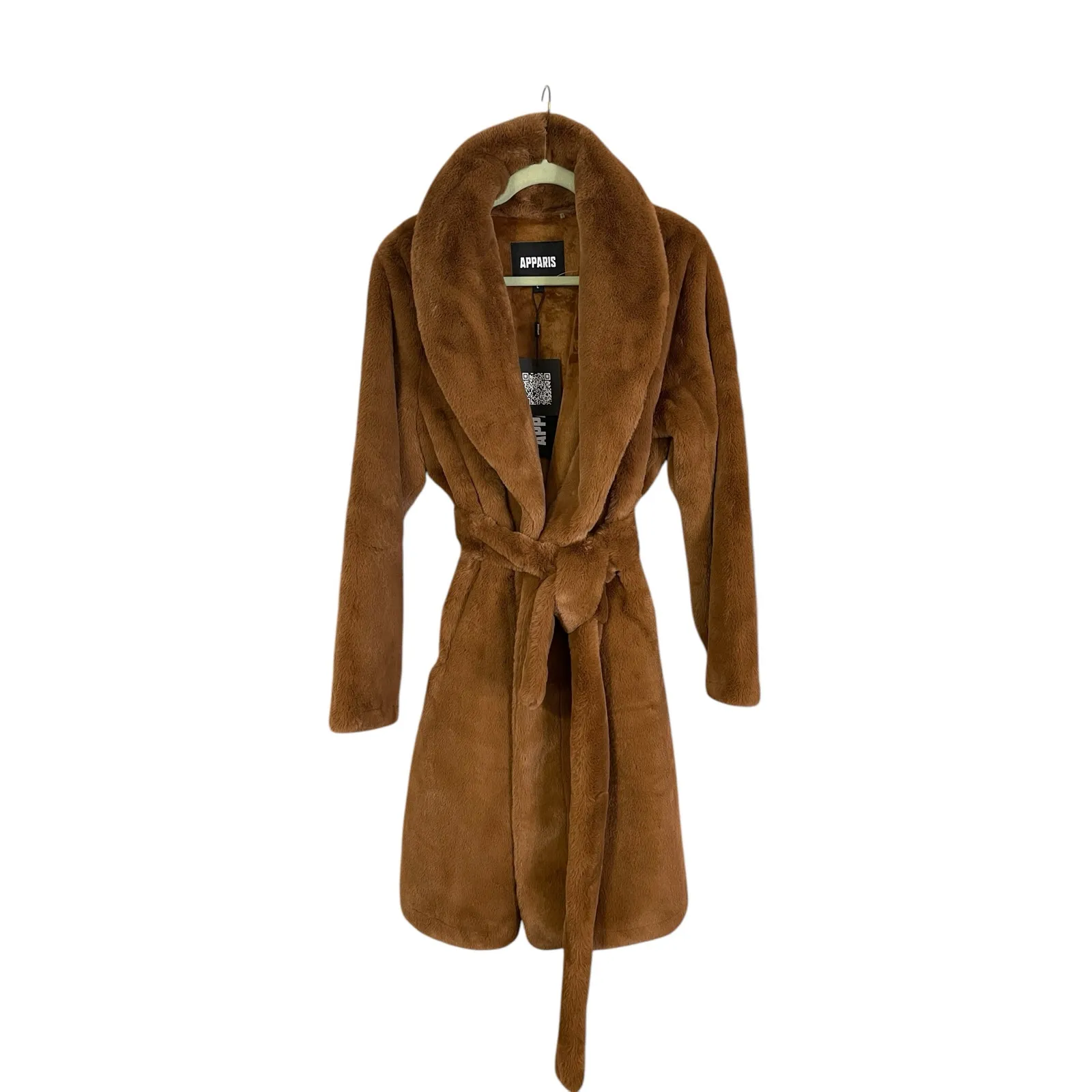 APPARIS Women's Faux Fur Vegan Belted Coat in Camel Size Large NWT MSRP $340 Brown - Image 10
