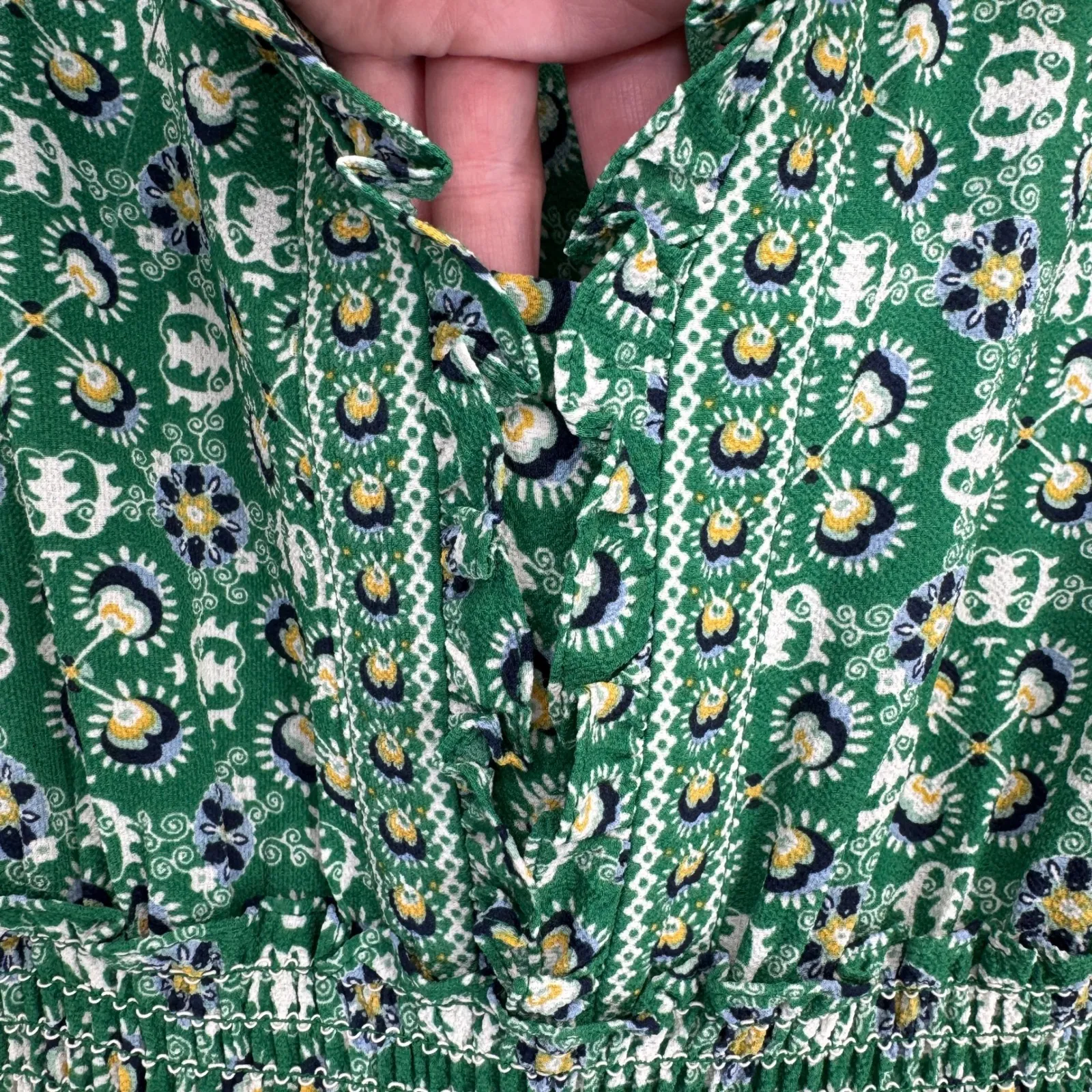 MAX STUDIO Green Floral Tiered Maxi Dress Medium Ruffled Neck Smocked Waist - Image 4