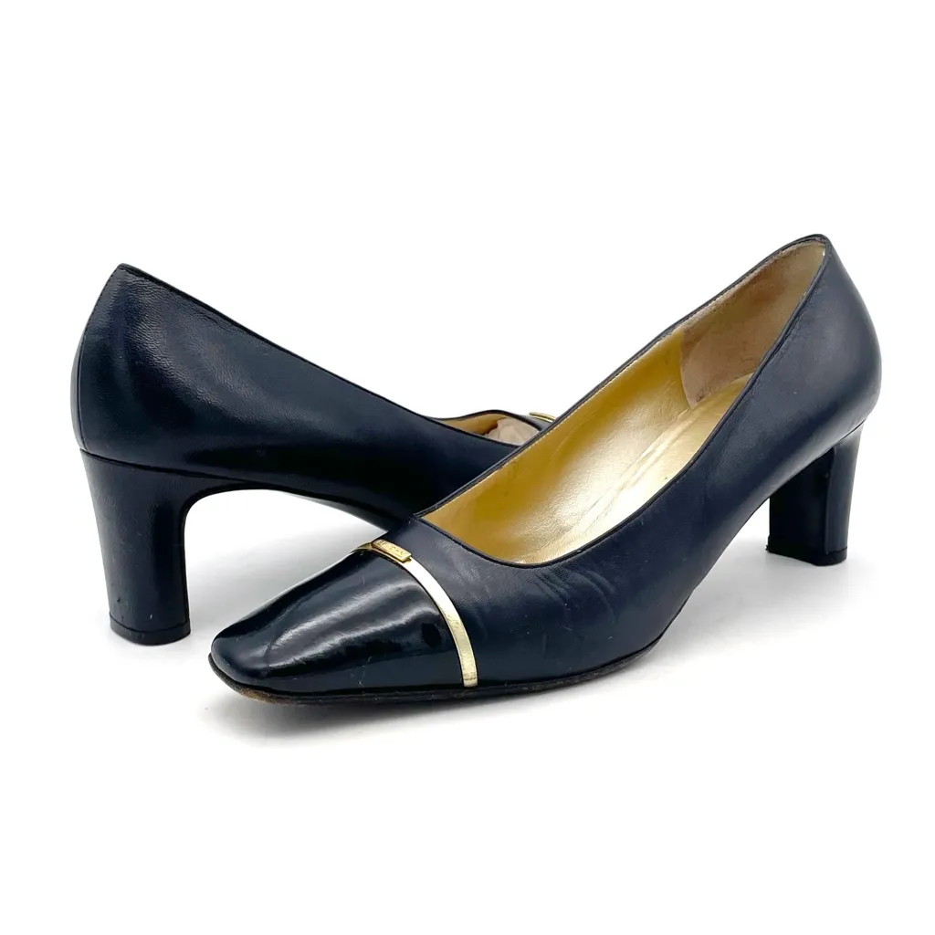 St. John Navy Leather Pumps Size 7 Gold Trim Cap Toe Classic Mid Heel Italy VTG - Image 5