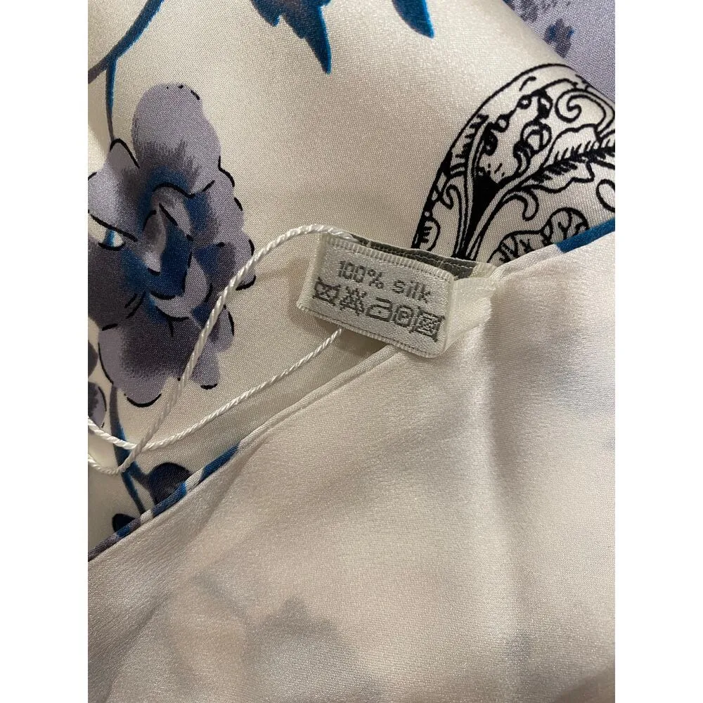 Minn Silk Floral Vase Print Scarf Wrap Shawl Blue Silk Long Women’s Accessory White - Image 6