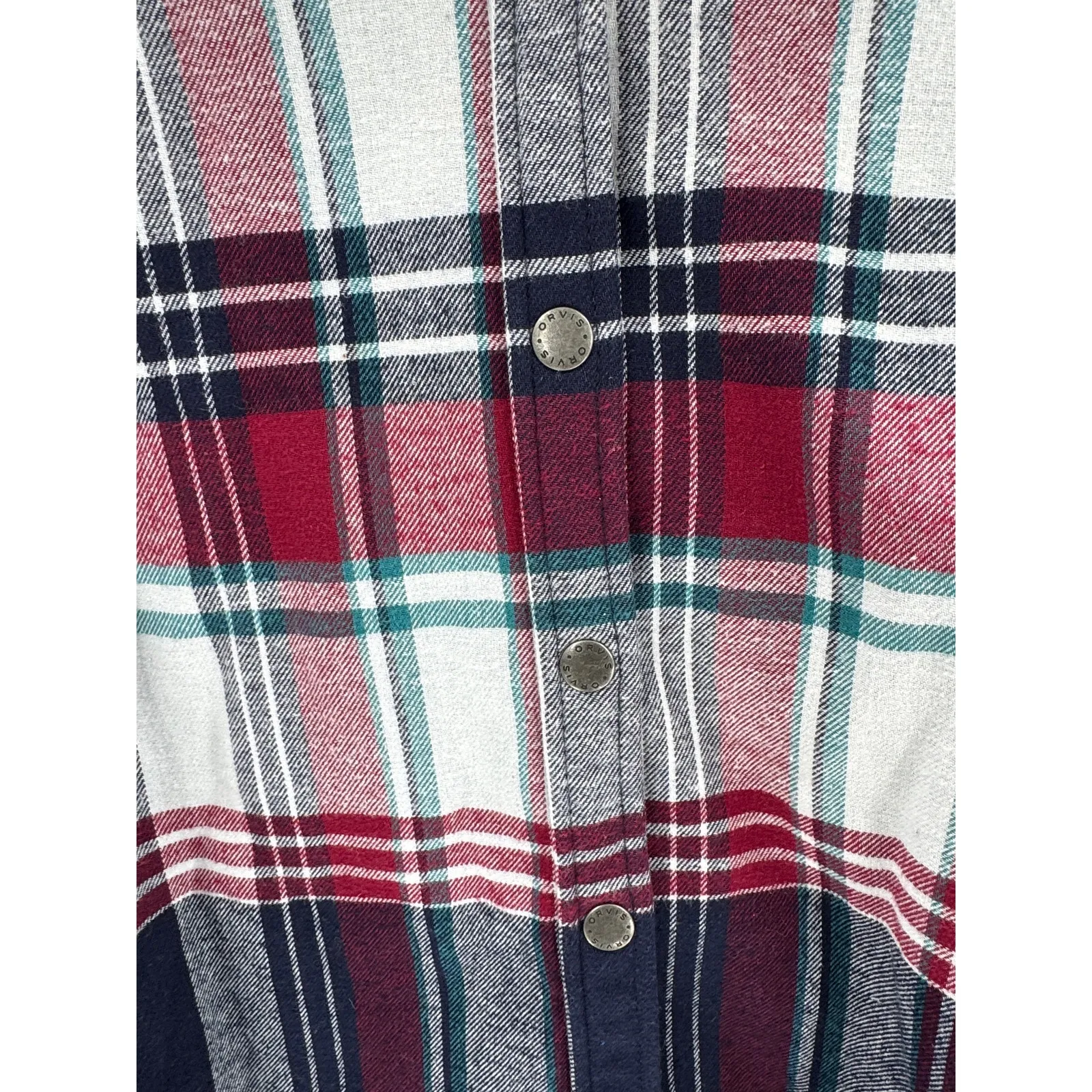 Orvis Pinnacle fleece-lined flannel shacket red navy green plaid snap button - Image 10