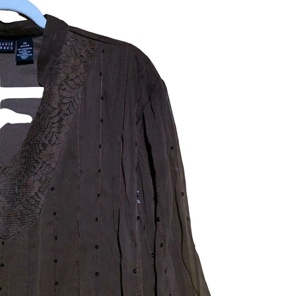 Maggie Barnes Womens Size 2X 22 24 Brown Sequin Embellished Tunic Top Blouse - Image 3