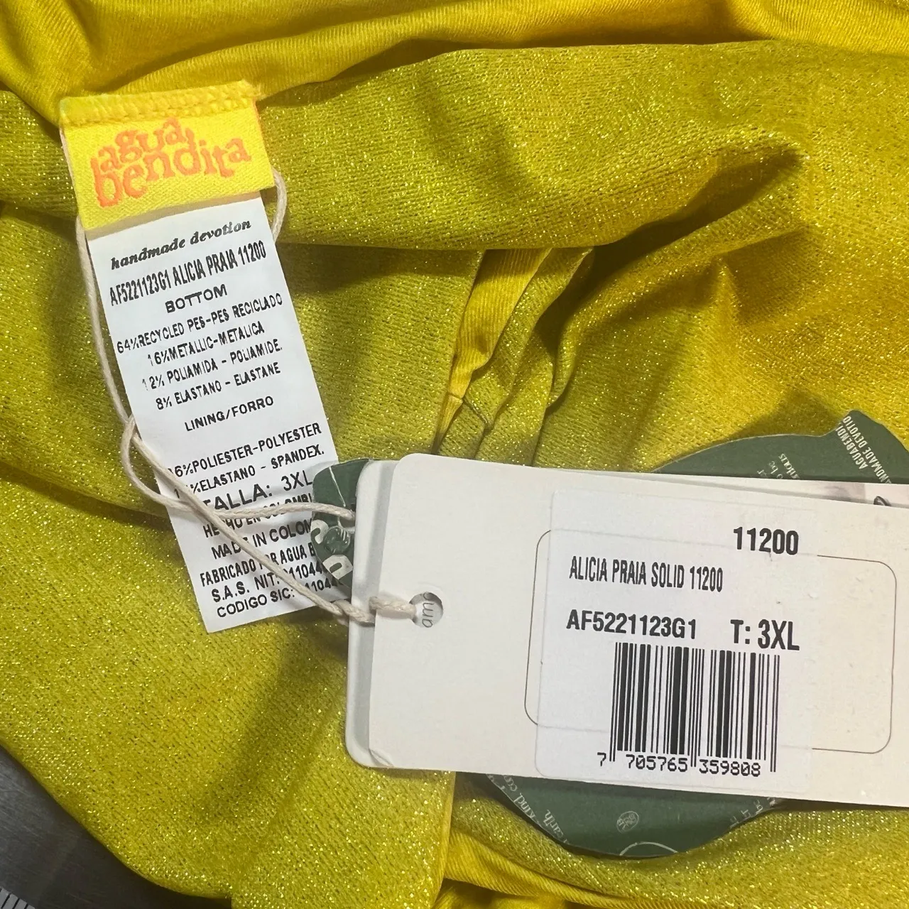 Agua Bendita Swim Bikini Bottom Yellow Shimmery Fabric Fully Lined Gold 3XL New - Image 4