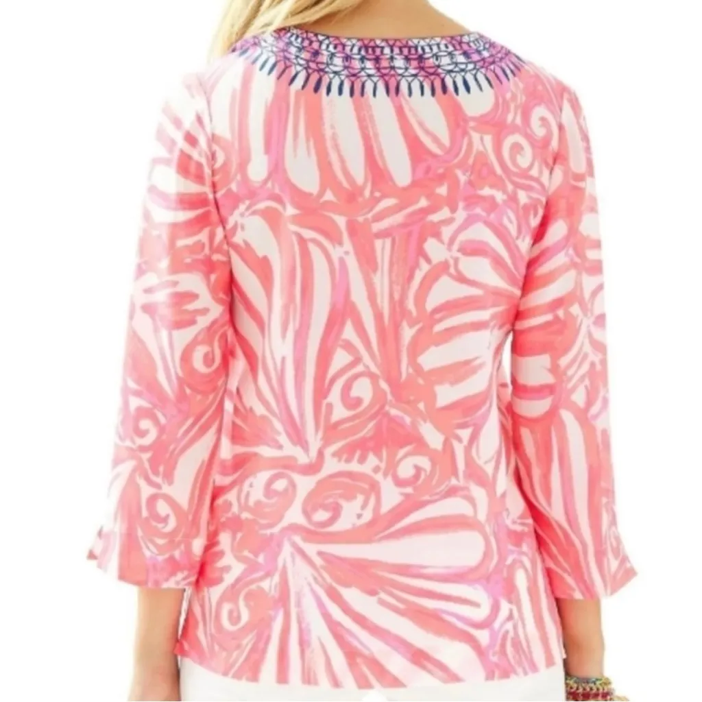 LILLY PULITZER Amelia Island Silk Tunic Pink Coral Navy Split Neckline Sz Small - Image 10