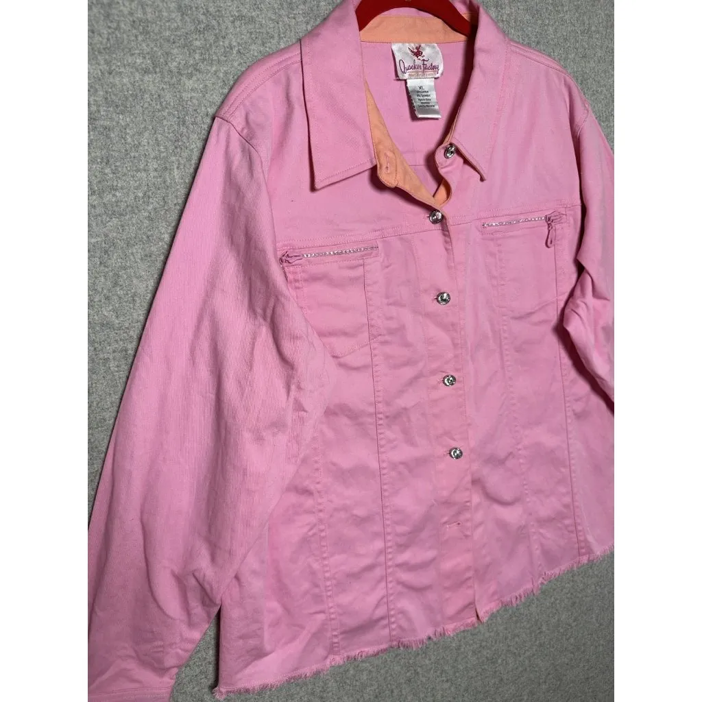 Quaker Factory XL Women Pink Jacket Button Long Sleeve Rhinestone Cotton Spandex - Image 9