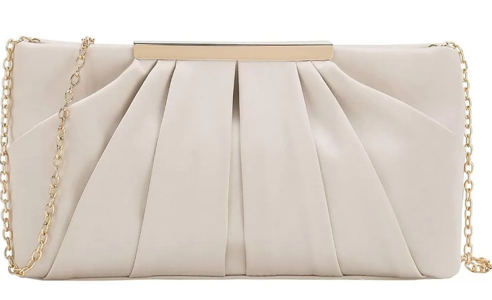 ⚡ Women's Elegant Evening Pleated Satin Simple Classy Formal Cream Clutch Bag - Image 1