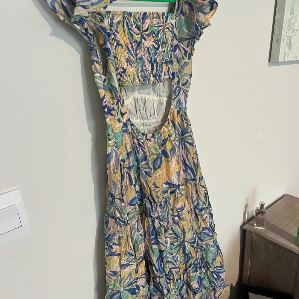 &merci Love Forever Floral Print Cut Out Back Midi Dress Blue Multi M - Image 14