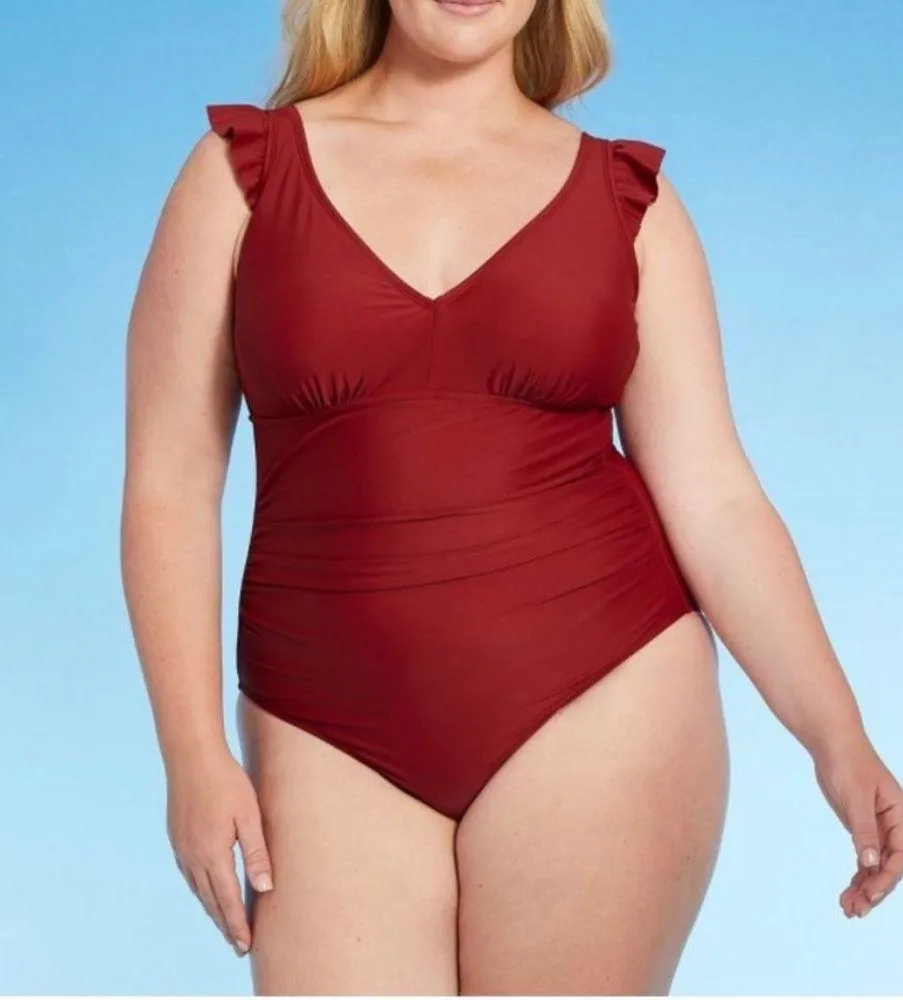NWT Kona Sol One Piece Swimsuit Size 22W Brick Red Ruffle Strap Ruched Plus Size - Image 16