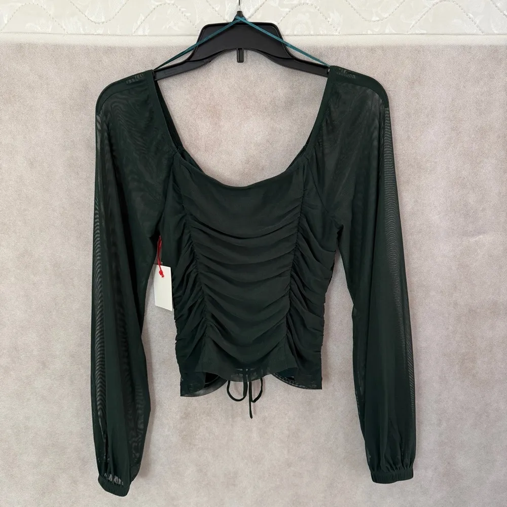 Open Edit | Nordstrom | Green Ruched Long Sleeve Mesh Top - Image 3
