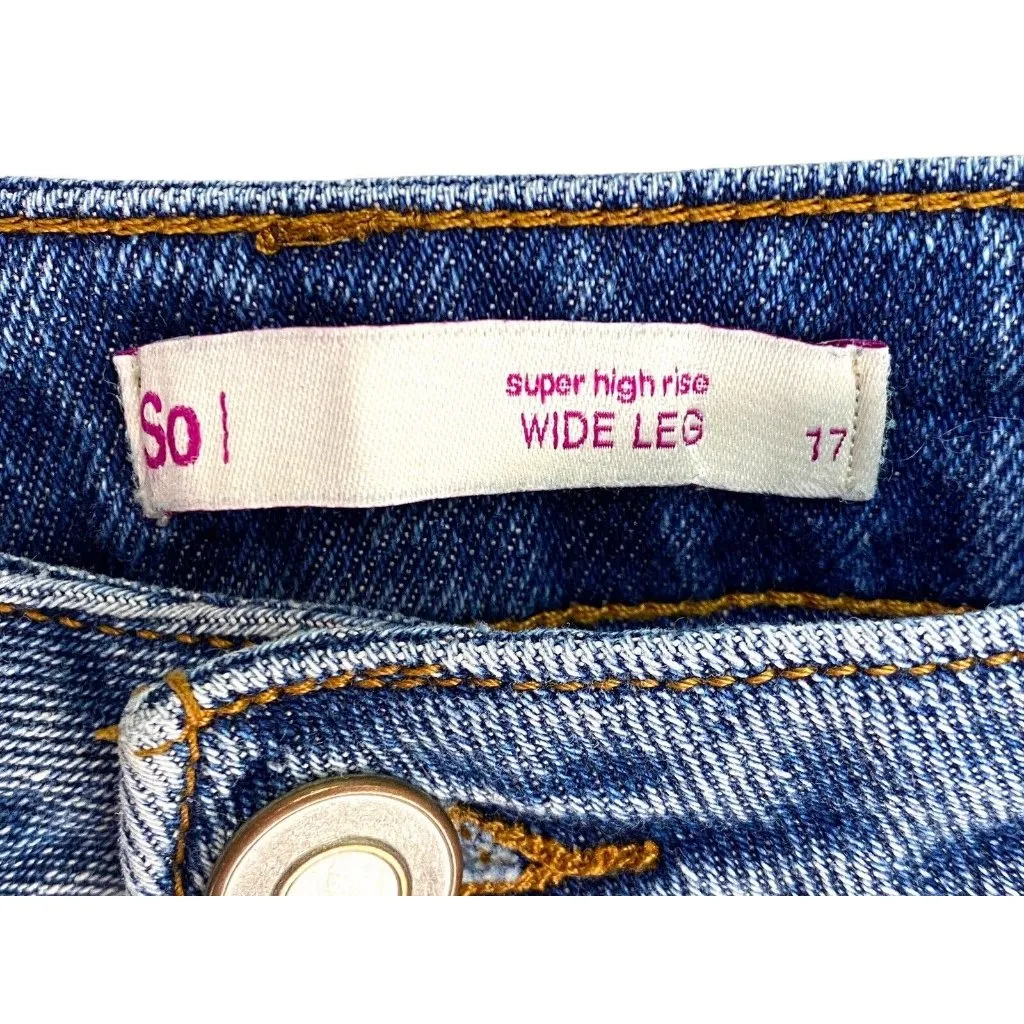 SO Super High Rise Denim Blue‎ 90s Wide Leg Jeans Size 17 Y2K Distressed - Image 4