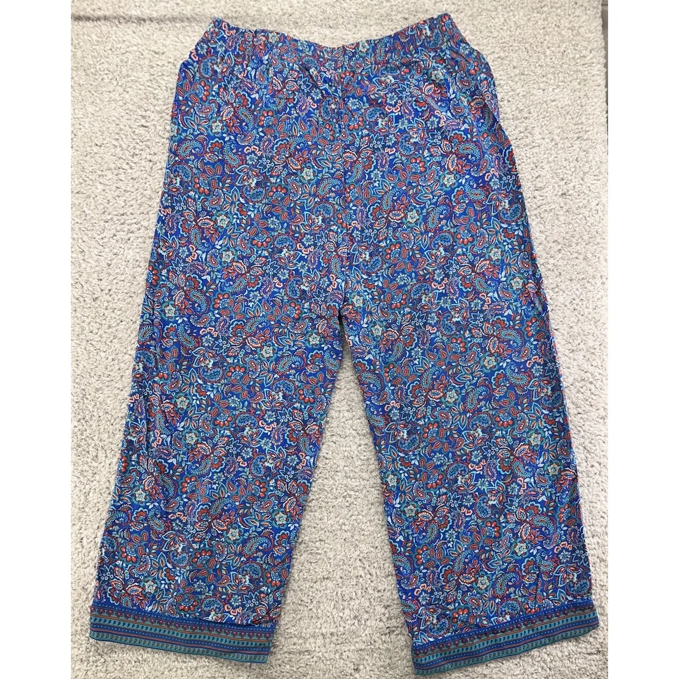 J.Jill Women M TALL Blue Art Paisley Wide Leg Pull On Rayon Crop Boho Pants Size M - Image 4