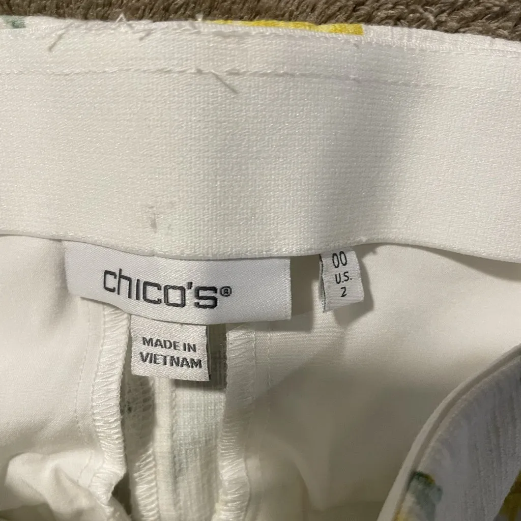 Chicos Pants Womens 2 Size Large White Yellow Floral Stretch Waistband High Rise - Image 2